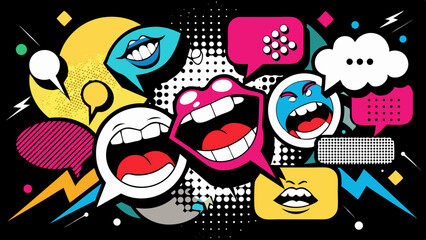 Trendy Pop Art Mouths and Colorful Speech Bubbles in Retro Comic Style Collage on Black  Generative AI