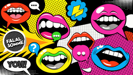 Trendy Pop Art Mouths and Colorful Speech Bubbles in Retro Comic Style Collage on Black  Generative AI
