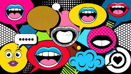 Trendy Pop Art Mouths and Colorful Speech Bubbles in Retro Comic Style Collage on Black  Generative AI