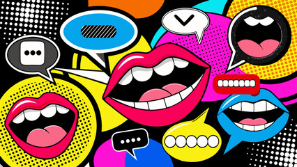 Trendy Pop Art Mouths and Colorful Speech Bubbles in Retro Comic Style Collage on Black  Generative AI
