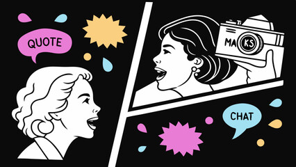 Trendy Pop Art Mouths and Colorful Speech Bubbles in Retro Comic Style Collage on Black  Generative AI