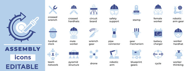 Editable assembly line vector icons designed for manufacturing, automation, and industry with a clean, modern style.