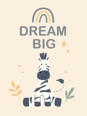 Adorable wall poster with safari animals, a cute zebra with a bright rainbow, they will add warmth and whimsy to any child's room.