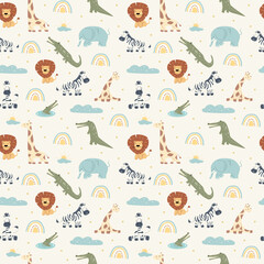 This delightful nursery wall art showcases a seamless pattern of safari animals including lions, giraffes, zebras, and crocodiles. Perfect for adding playful charm to any child's room.