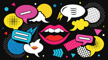 Trendy Pop Art Mouths and Colorful Speech Bubbles in Retro Comic Style Collage on Black  Generative AI
