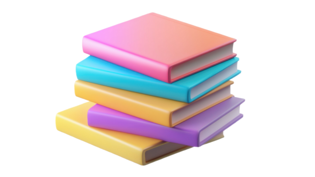 Stack of colorful hardcover books arranged in a pile isolated on white background
