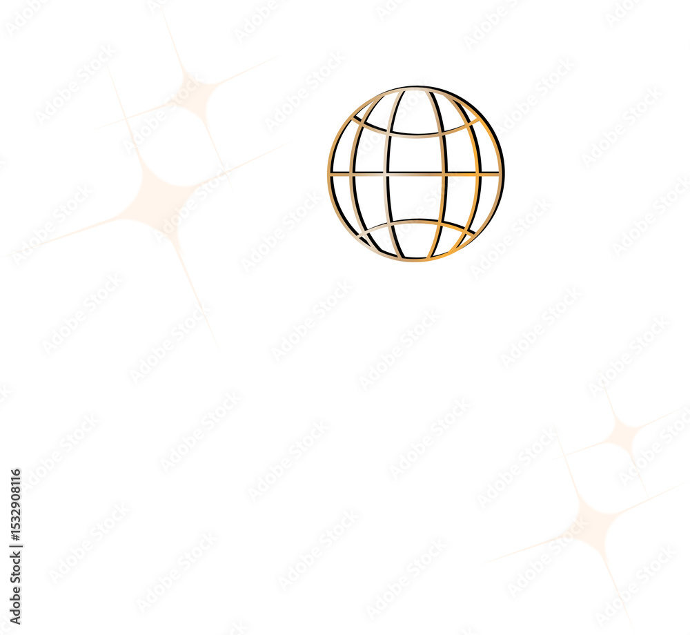 Poster wireframe globe icon is floating in flat vector style on transparent background with sparkle shapes