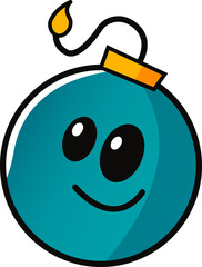 Cartoon-style smiling bomb character is floating on transparent background, with glowing fuse flame
