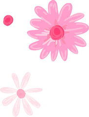 Two pink stylized daisies and small circle are floating in flat illustration, transparent backdrop