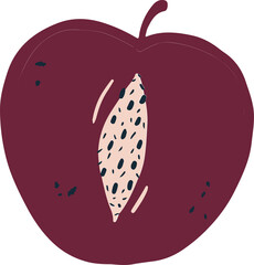 Flat design is showing stylized purple plum with exposed spotted pit on transparent background