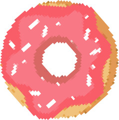 Pixel art donut is showing pink frosting with white sprinkles on transparent background, copy space