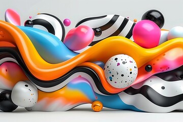 Vibrant 3D Abstract Composition with Colorful Spheres and Dynamic Waves on Gradient Background