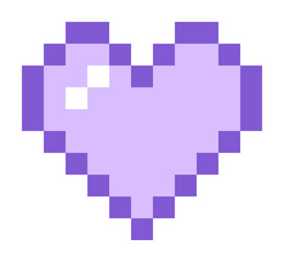 Pixel art heart is showing violet border and lavender fill, white gleam on transparent background