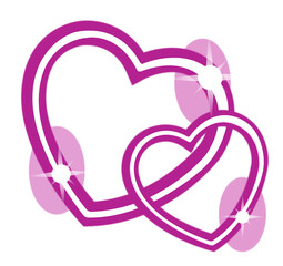 Two neon hearts are overlapping on transparent background, showing magenta outlines with sparkles