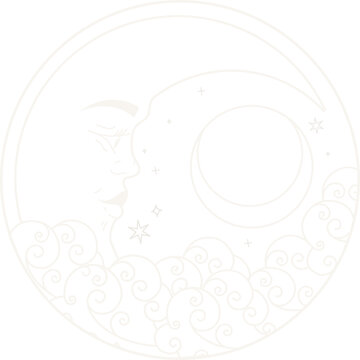 Naklejki Depicting lunar face, crescent moon in double border, swirling clouds and stars on clear background