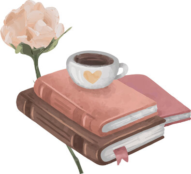 Fototapeta Watercolor still life is featuring book stack, coffee cup with heart and rose, transparent backdrop