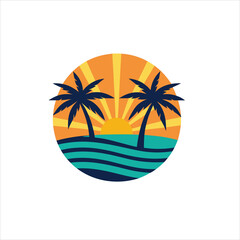 Graphic illustration of palm trees ocean and sun in a circular frame