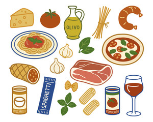 Assorted Italian Dishes with Cheese, glass of wine, soup, salami, olive oil, canned tomatoes, meat, spaghetti, for a Rich Cuisine Theme Vector illustration