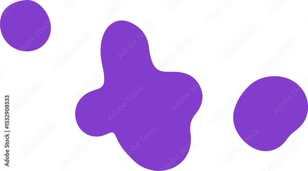 Poster three purple blobs floating on transparent backdrop showing splatters in flat style, copy space