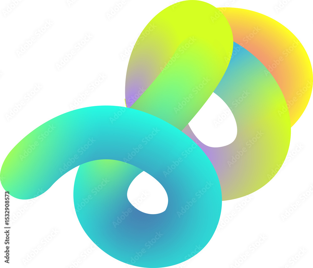 Poster intertwining 3d render is showing ribbon-like gradient torus loops on transparent background