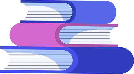 Book stack is showing flat vector with blue-pink covers and striped pages, transparent background