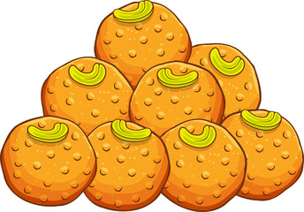 Orange ladoos are appearing in flat style vector graphic with cashew garnish, transparent backdrop