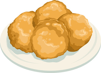 White plate of crispy golden croquettes is being shown in flat design on transparent background