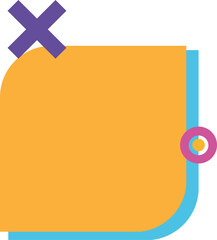 Showing flat orange rounded rectangle with blue border, purple X and pink ring on transparent bg