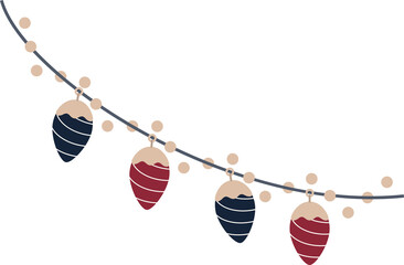 Showing flat vector garland hanging ivory bulbs and striped pinecone ornaments on transparent bg