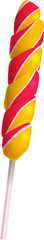 Twisted spiral lollipop is shining in 3D render with red yellow swirls, stick, transparent backdrop