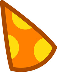 Cartoon pizza slice is showing brown crust, orange sauce, yellow toppings on transparent background