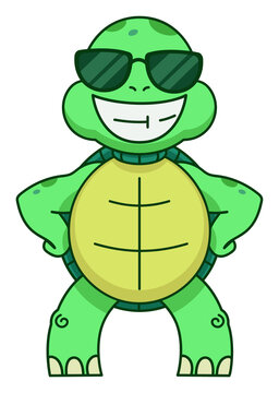 Cartoon turtle is standing in flat design, wearing dark green sunglasses on transparent background