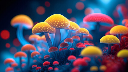 Mystic Mycelium Mirage: Glowing fungi exude vivid energy across diverse hues, crafting an otherworldly dreamscape adorned with delicate, prismatic light.