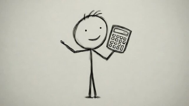 Stick figure character holds a calculator while smiling expressing excitement about math activities and learning in a simple and cheerful setup