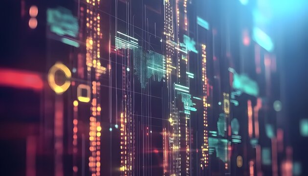 Abstract digital display wall with glowing data streams.