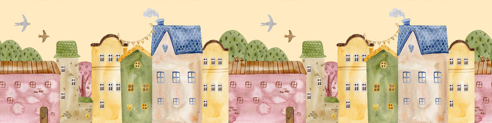 Architectural seamless border pattern on a yellow background. Cute watercolor buildings and trees. Panorama of fairytale houses, old town streets. Trendy scandinavian background