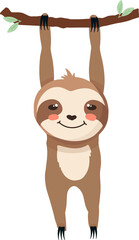 Flat design sloth is hanging by arms from tree branch with green leaves on transparent background