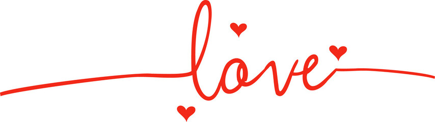Red calligraphy is flowing spelling love across flat transparent vector background with hearts