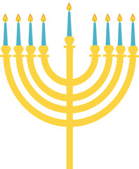 Gold hanukkiah is glowing with nine turquoise candles in flat design with transparent background