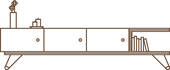Mid-century credenza is standing in line art with vase, candles, books, transparent background