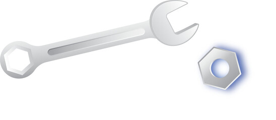 showing silver spanner and nut floating diagonally on transparent backdrop featuring flat tool icon