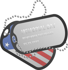 Displaying flat art dog tags on chain with Memorial Day American flag motif transparent background