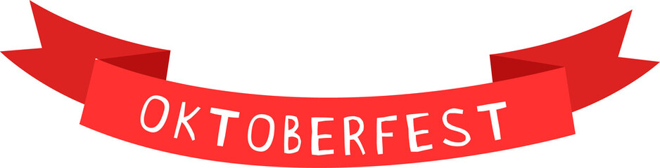 Red ribbon banner is floating in vector art with white Oktoberfest letters, transparent background