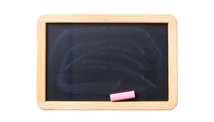 Small black chalkboard with wooden frame and pink chalk isolated on white background