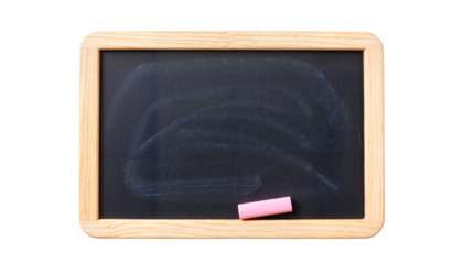 Small black chalkboard with wooden frame and pink chalk isolated on white background