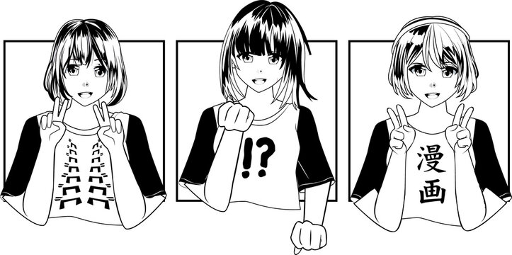 Fototapeta Three manga panels are showing expressive gestures, printed raglan T-shirts on transparent backdrop