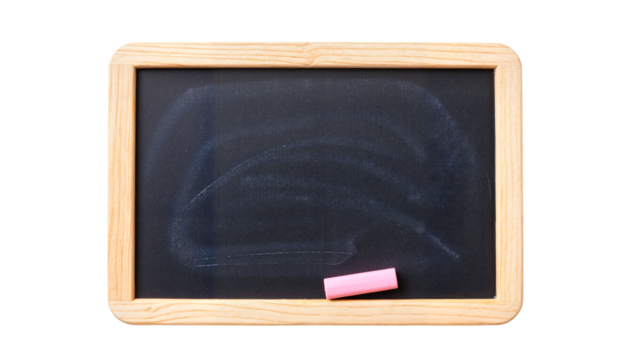 Small black chalkboard with wooden frame and pink chalk isolated on white background