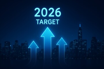 Glowing digital arrows pointing upwards toward the 2026 target symbolize growth and success against a night city skyline, reflecting business aspirations and objectives