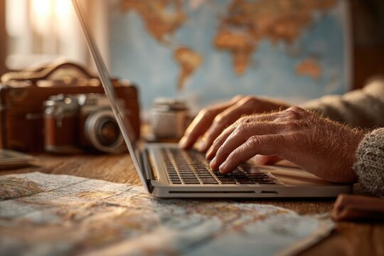 Hands typing on laptop keyboard with map and vintage camera on desk, planning global journey online
