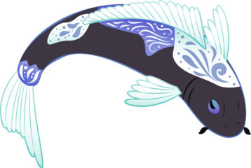 Flat vector koi carp swimming in blue-white pattern on transparent background, copy space